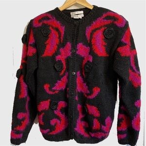 Jennifer Reed vintage handknit black floral sweater cardigan